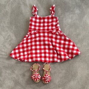 Janie and Jack Red and White dress, size 2T with matching sandals size 7